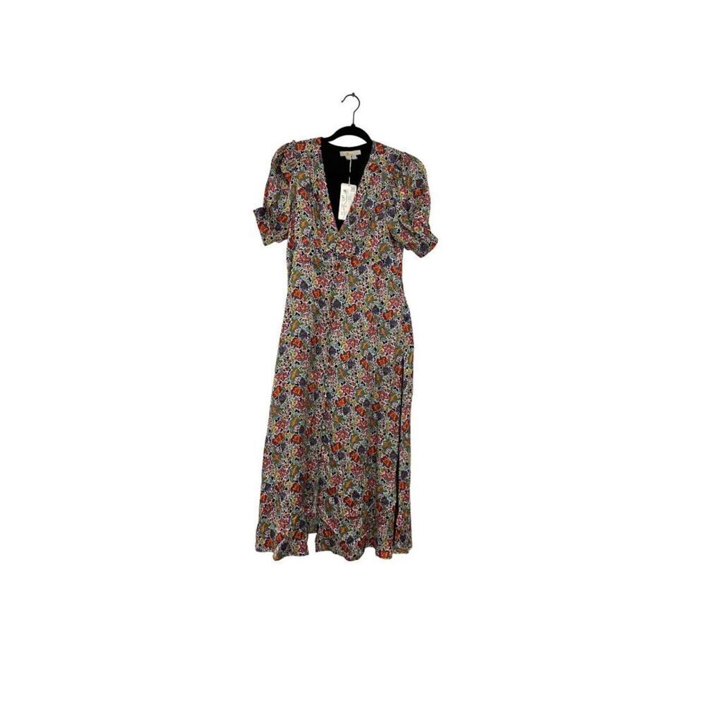 Boden Womens Satin Midi Tea Dress UK 8P US 4P Multicolor Floral V-neck D0467 NWT